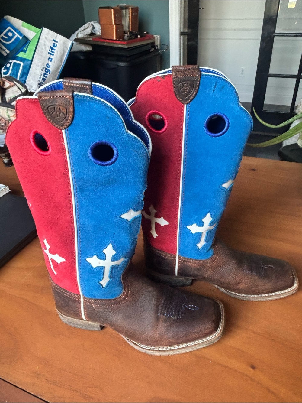 Ariat Ranchero Kids Patriotic Cowboy Boots Red Blue Suede Cross Youth Size 13